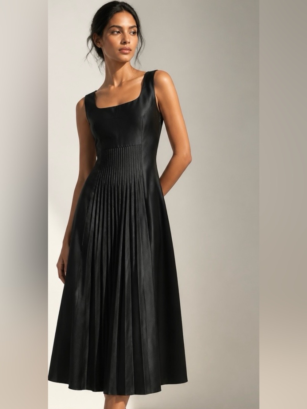 LAFAYETTE 148 Dress Black Pleated Sleeveless Elegant Midi Silk Lightweight Sz 4